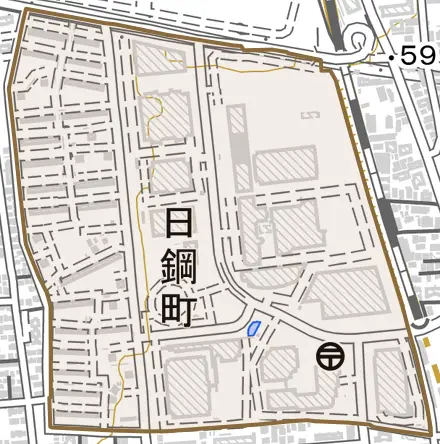 日鋼町とその周辺の地図。町の範囲を重ねている