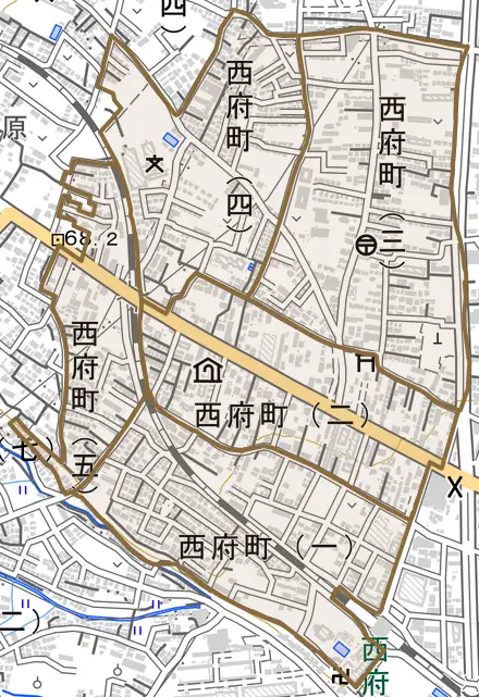 西府町とその周辺の地図。町の範囲を重ねている