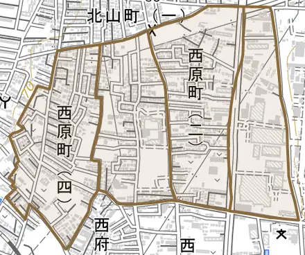 西原町とその周辺の地図。町の範囲を重ねている