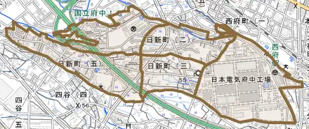 日新町とその周辺の地図。町の範囲を重ねている