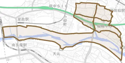 押立町とその周辺の地図。町の範囲を重ねている