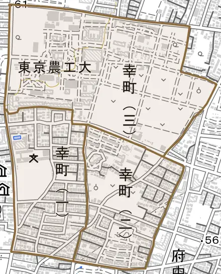 幸町とその周辺の地図。町の範囲を重ねている