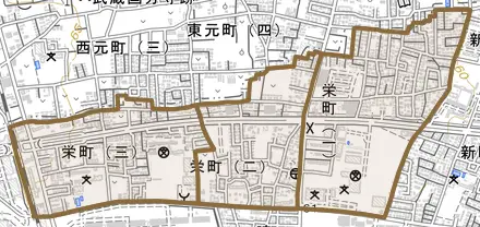 栄町とその周辺の地図。町の範囲を重ねている