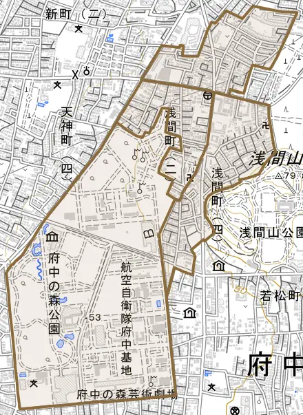 浅間町とその周辺の地図。町の範囲を重ねている