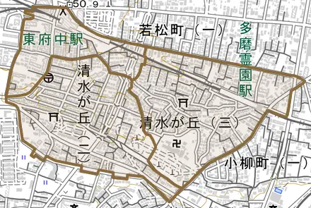 清水が丘とその周辺の地図。町の範囲を重ねている