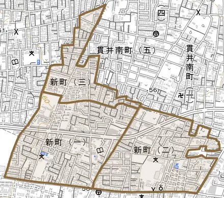 新町とその周辺の地図。町の範囲を重ねている