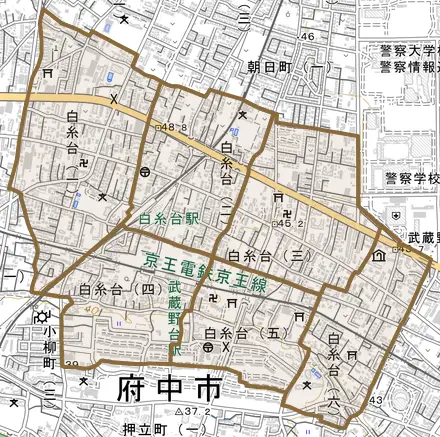 白糸台とその周辺の地図。町の範囲を重ねている