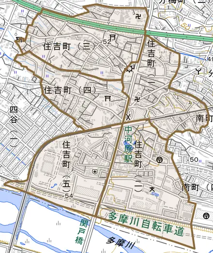 住吉町とその周辺の地図。町の範囲を重ねている