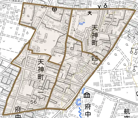 天神町とその周辺の地図。町の範囲を重ねている