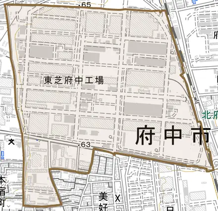 東芝町とその周辺の地図。町の範囲を重ねている
