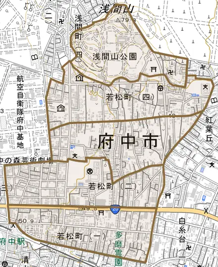 若松町とその周辺の地図。町の範囲を重ねている