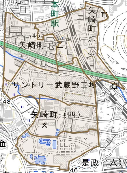 矢崎町とその周辺の地図。町の範囲を重ねている