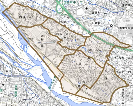 四谷とその周辺の地図。町の範囲を重ねている