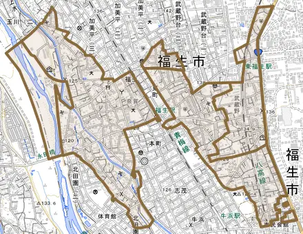 大字福生とその周辺の地図。町の範囲を重ねている