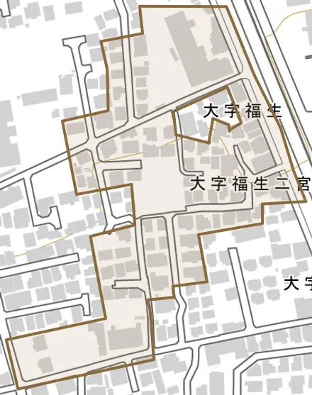 大字福生二宮とその周辺の地図。町の範囲を重ねている