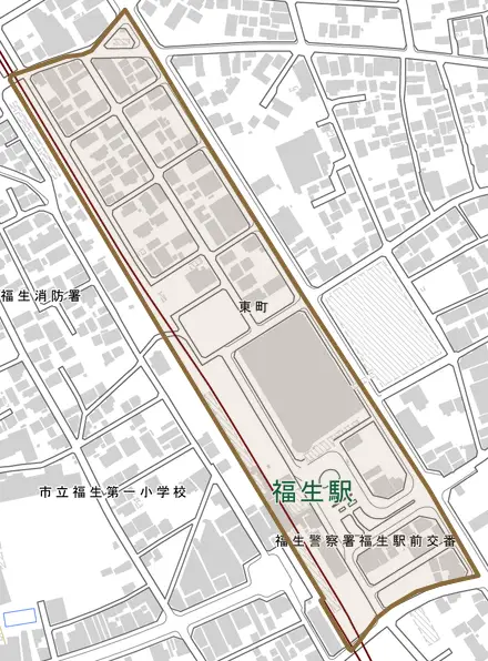 東町とその周辺の地図。町の範囲を重ねている
