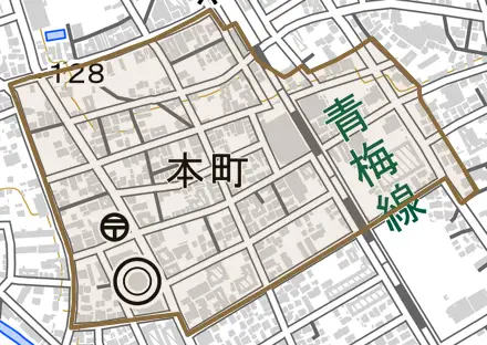 本町とその周辺の地図。町の範囲を重ねている