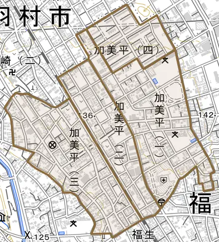 加美平とその周辺の地図。町の範囲を重ねている