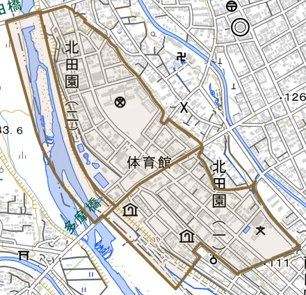 北田園とその周辺の地図。町の範囲を重ねている