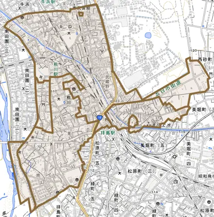 大字熊川とその周辺の地図。町の範囲を重ねている