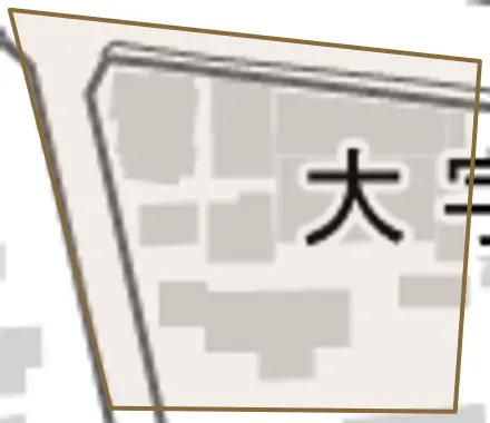 大字熊川二宮とその周辺の地図。町の範囲を重ねている