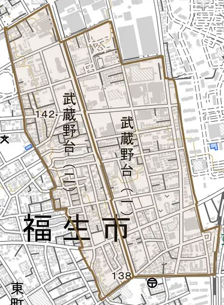 武蔵野台とその周辺の地図。町の範囲を重ねている