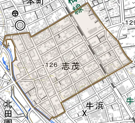 志茂とその周辺の地図。町の範囲を重ねている
