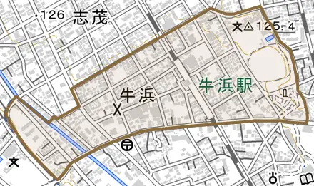 牛浜とその周辺の地図。町の範囲を重ねている