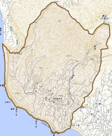 樫立とその周辺の地図。町の範囲を重ねている