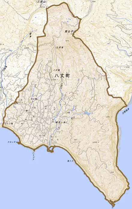 中之郷とその周辺の地図。町の範囲を重ねている