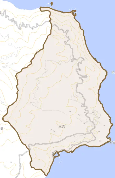 末吉とその周辺の地図。町の範囲を重ねている