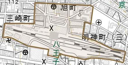 旭町とその周辺の地図。町の範囲を重ねている