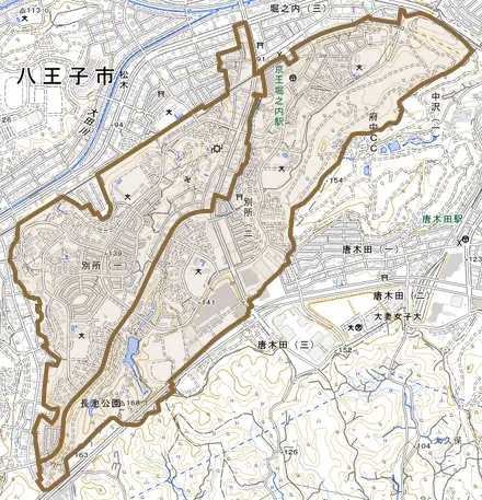 別所とその周辺の地図。町の範囲を重ねている