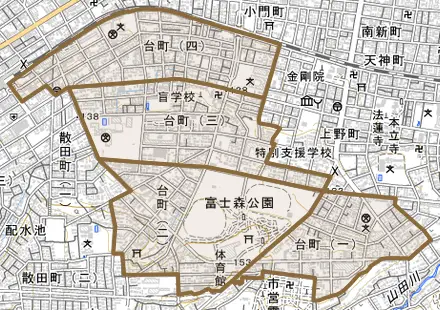 台町とその周辺の地図。町の範囲を重ねている