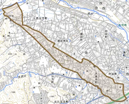 大楽寺町とその周辺の地図。町の範囲を重ねている