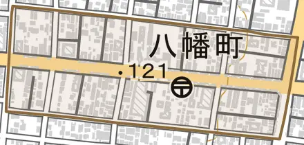 八幡町とその周辺の地図。町の範囲を重ねている