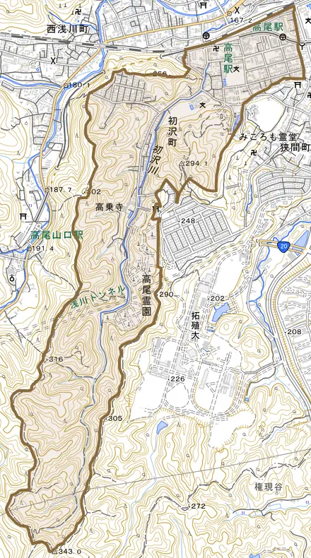 初沢町とその周辺の地図。町の範囲を重ねている