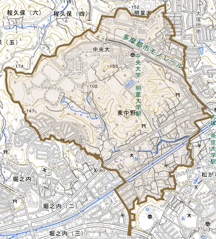 東中野とその周辺の地図。町の範囲を重ねている