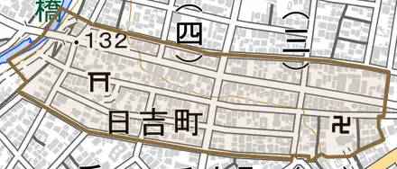 日吉町とその周辺の地図。町の範囲を重ねている