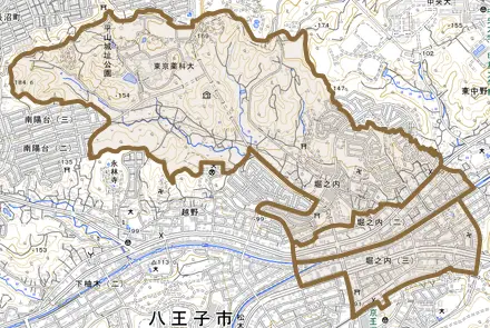 堀之内とその周辺の地図。町の範囲を重ねている