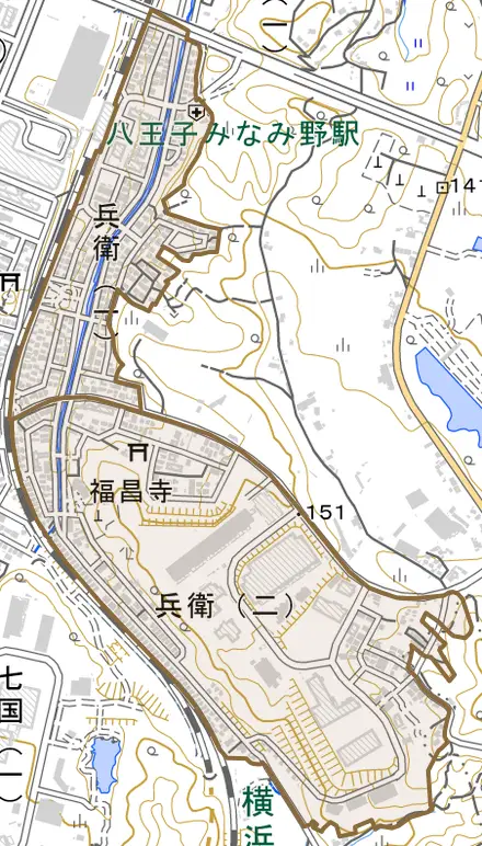 兵衛とその周辺の地図。町の範囲を重ねている