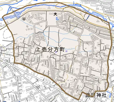 上壱分方町とその周辺の地図。町の範囲を重ねている