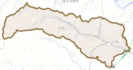 上川町とその周辺の地図。町の範囲を重ねている