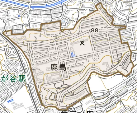 鹿島とその周辺の地図。町の範囲を重ねている