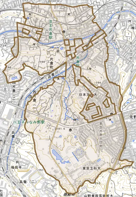 片倉町とその周辺の地図。町の範囲を重ねている