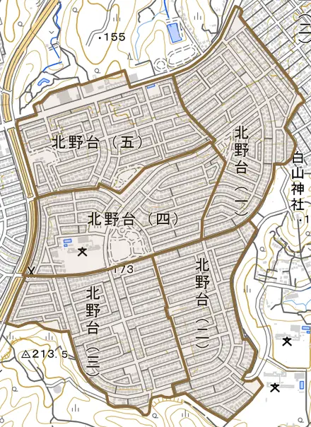 北野台とその周辺の地図。町の範囲を重ねている