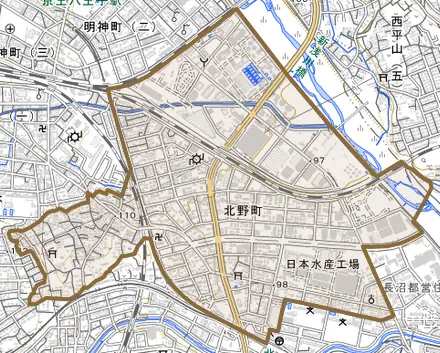 北野町とその周辺の地図。町の範囲を重ねている