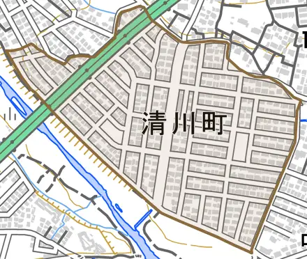 清川町とその周辺の地図。町の範囲を重ねている