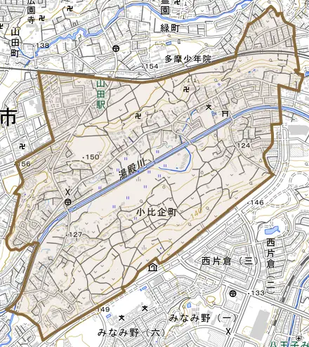 小比企町とその周辺の地図。町の範囲を重ねている