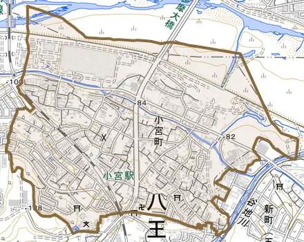 小宮町とその周辺の地図。町の範囲を重ねている